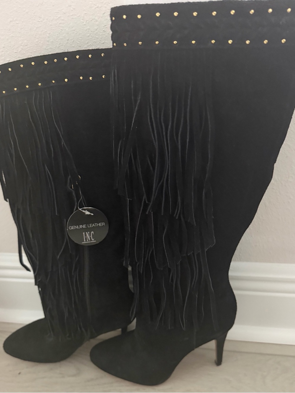 INC International Concepts Black Suede Fringe Knee Boots with Gold Studs